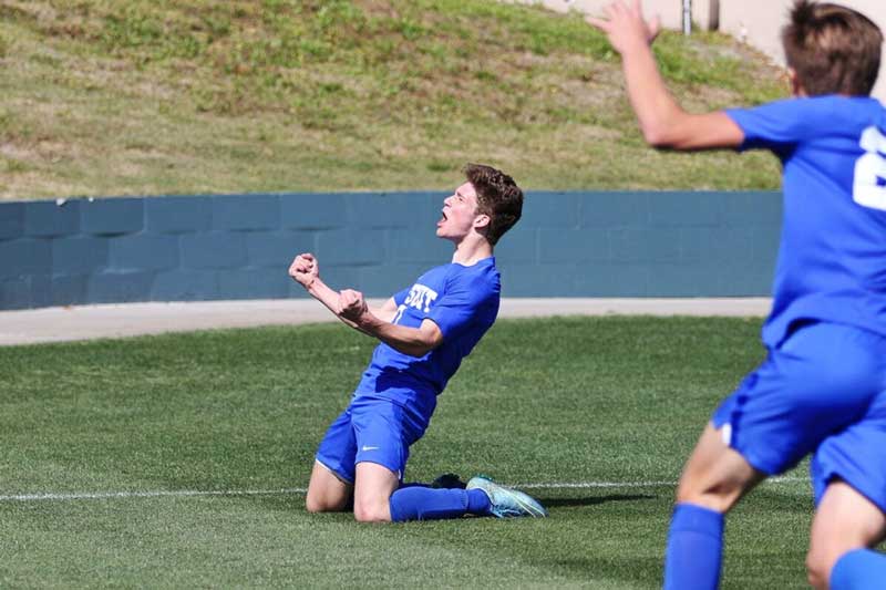 athlete on knees cheering victory