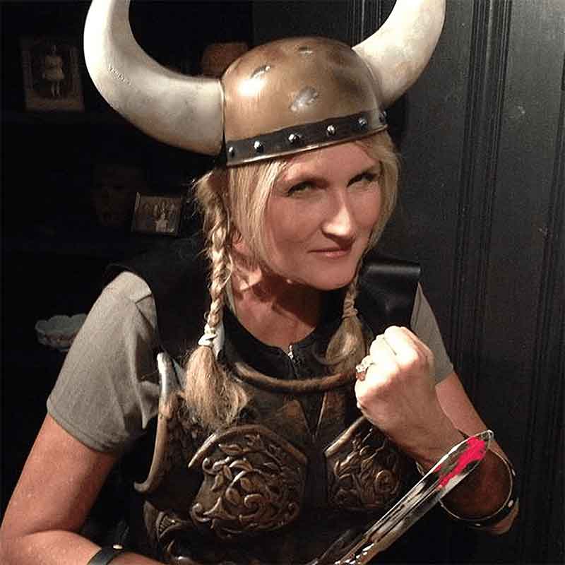 Patient Terri Hall wearing a Viking costume