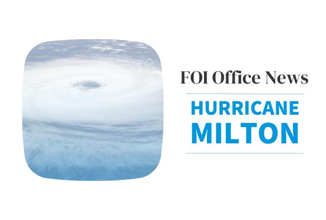 FOI office news featuring image of a hurricane