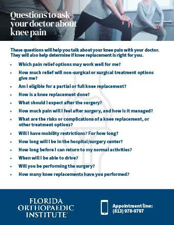 Preview of questions to ask your knee pain specialist about your leg and knee pain flyer