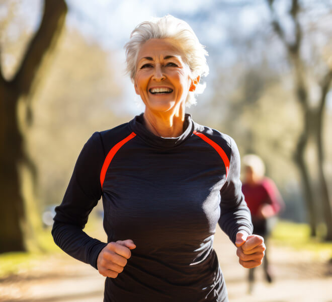 Elderly woman running outdoors and smiling