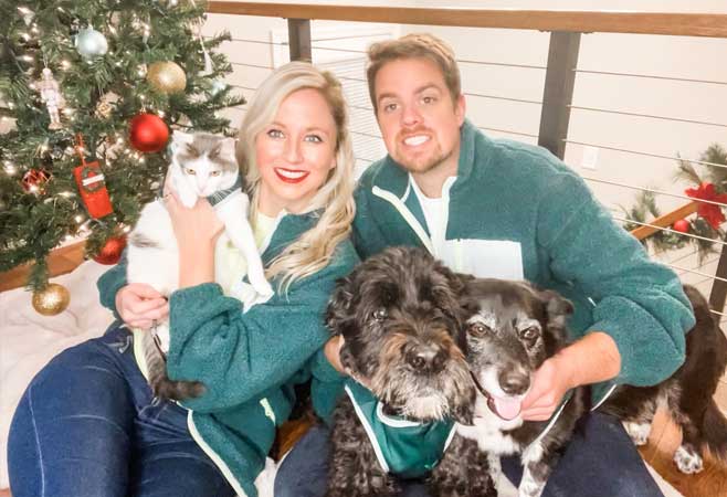 Dr. Cassandra Ricketts at Christmas with husband and pets