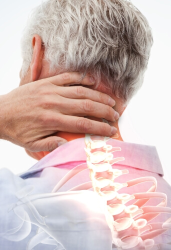 man holding neck with indication of where bones are